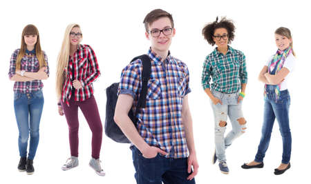 school concept - handsome teenage boy and four beautiful girls isolated on white backgroundの写真素材