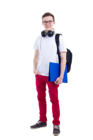 handsome teenage boy with backpack and headphones isolated on white backgroundの写真素材