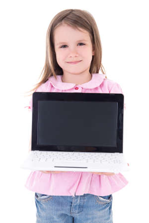 cute little girl holding laptop with blank screen isolated on white backgroundの写真素材