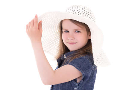 portrait of cute little girl in big summer hat isolated on white backgroundの写真素材