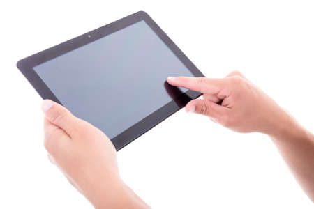 hands using tablet pc with blank screen isolated on white background