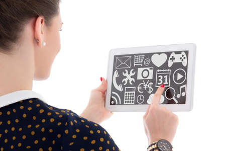 computer concept - tablet pc with multimedia applications in female hands isolated on white...
