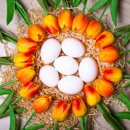 Easter concept - close up of white eggs in nest and tulip flowers
