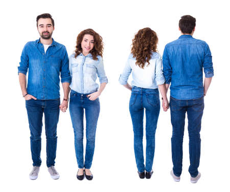 front and back view of happy couple isolated on white backgroundの写真素材