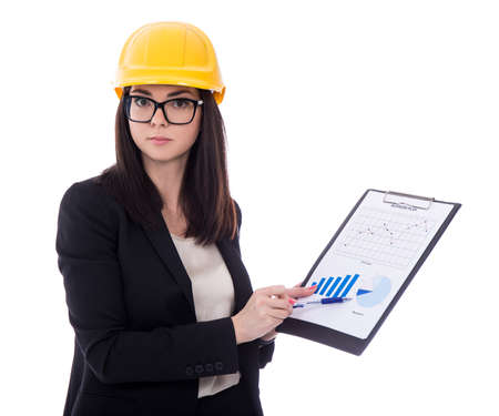 business woman architect in yellow helmet holding clipboard with business plan isolated on white...