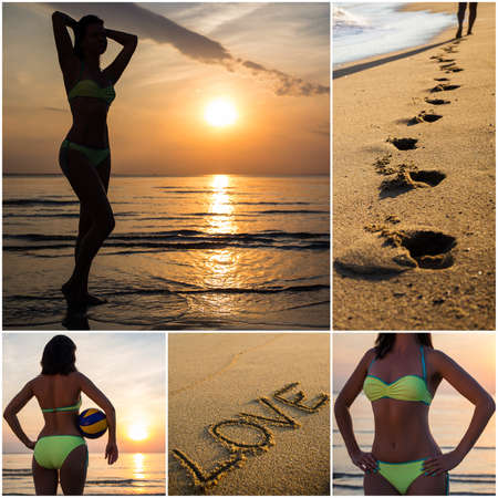 collage of young slim woman on summer beachの写真素材