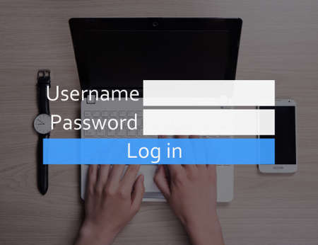 email or social network concept - login box, hands with laptop, smart phone and watch on the table