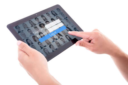 social network login concept - tablet pc in male hands isolated on white backgroundの写真素材