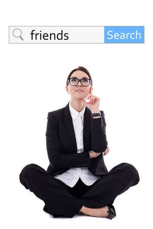 internet and social network concept - search bar and beautiful happy business woman dreaming about new friends isolated on white backgroundの写真素材
