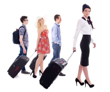 travel concept - side view of stewardess and tourists with suitcases isolated on white backgroundの写真素材
