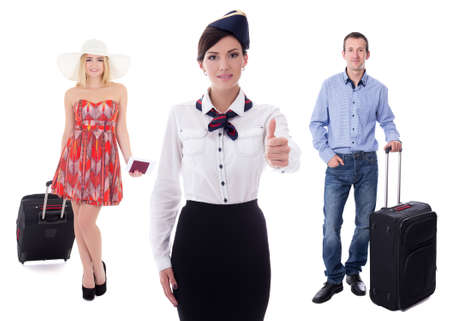 young attractive stewardess and passengers with suitcases isolated on white backgroundの写真素材