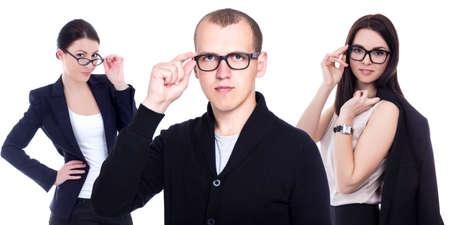 ophthalmology and optometry concept - business people in eyeglasses isolated on white backgroundの写真素材