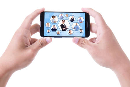 social network concept - hands holding mobile smart phone isolated on white background