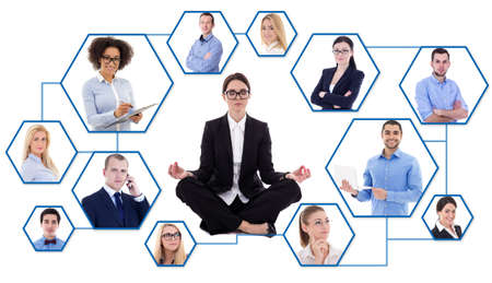 social media and stress concept - young tired business woman and social network isolated on white backgroundの写真素材