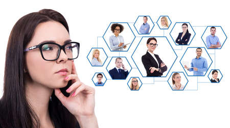 career and team work concept - close up portrait of business woman in eyeglasses dreaming about...