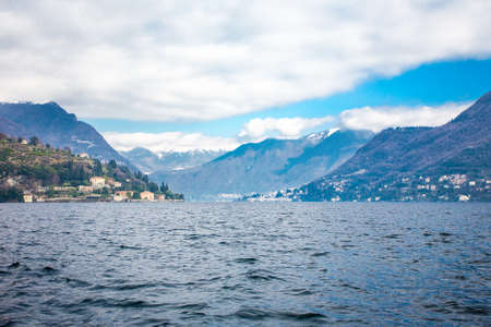 beautiful view of mountains and Como Lake landscape in Italyの写真素材