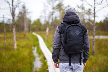 travel concept - rear view of man hiking in forest
