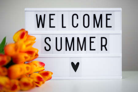 lightbox with words "welcome summer" and tulip flowers on the tableの写真素材
