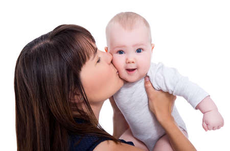 close up portrait of beautiful young mother kissing little baby isolated on white background
