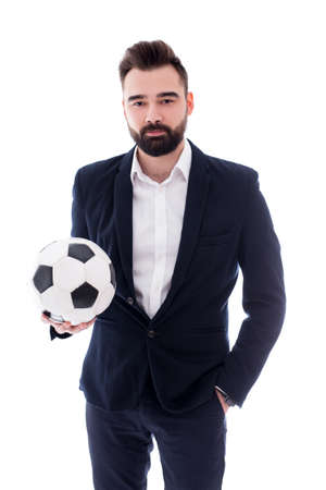 young handsome bearded businessman with soccer ball isolated on white backgroundの写真素材