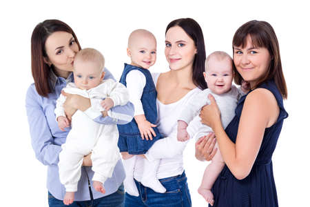 happy young mothers with little kids isolated on white background