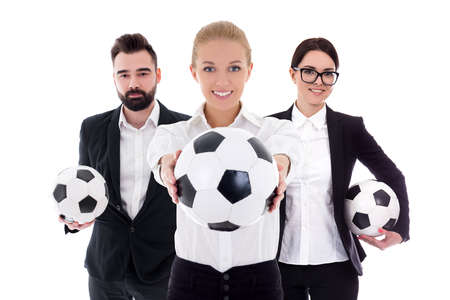 business and sport concept - young business people with soccer balls isolated on white background