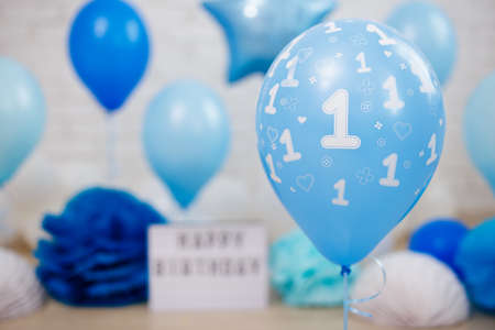 first birthday or anniversary party or decoration - colorful air balloons with number oneの写真素材