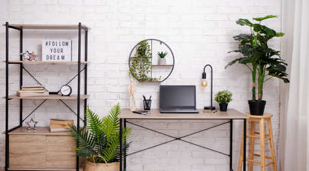 Workspace with table, chair, rack and plants in office or homeの写真素材