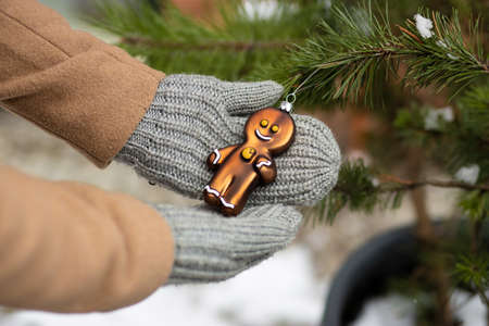 Winter concept - Christmas tree toy in woman's hands
