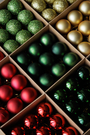 christmas and new year background - close up of colorful Christmas baubles in boxの写真素材