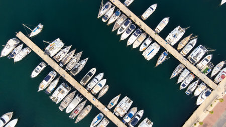 beautiful aerial top view of boats and yachts in port of Torrevieja, Spain