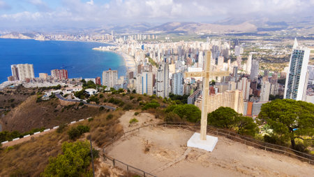 beautiful aerial view of cross La Cruz De Benidorm in Spainの写真素材