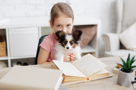 childhood, love and pets concept - cute little preschool girl reading book at home with her puppy papillon dogの写真素材