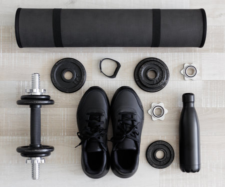 Flatlay of black workout equipment for training at home or gym