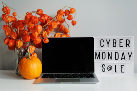 Lightbox with cyber monday text, leaves, orange pumpkin and physalis on tableの写真素材