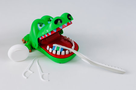 Dental floss, toothpicks, brush and crocodile on white backgroundの写真素材