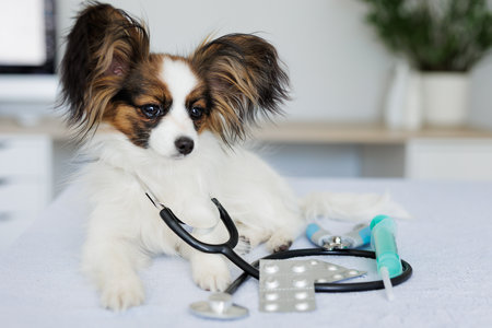 Papillon dog lying on the table with stethoscope, pills and syringe in medical officeの写真素材