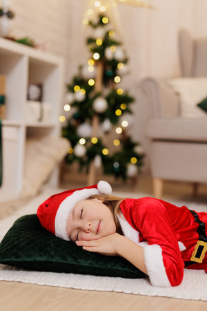 Little girl in red gnome costume sleeping on carpet in christmas decorated roomの写真素材