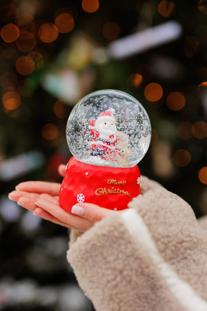 woman hands holding a snow globe with santa clausの写真素材