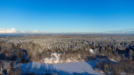 Aerial view of winter forest, river and blue skyの写真素材