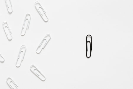 difference and individuality concept - close up of one black paperclip and group of white paperclips...