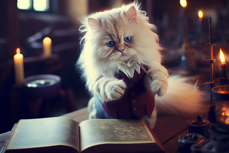 A cat magician sitting with book and candles, holding magic wandの素材