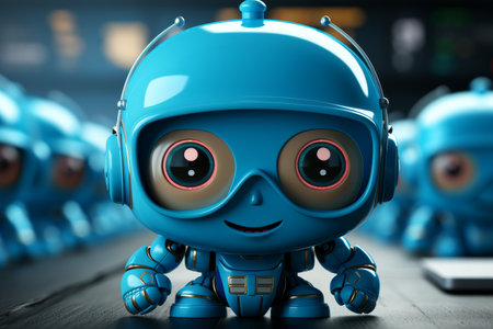 portrait of cheerful little blue robot smilingの素材