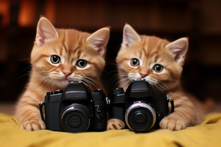 Two adorable cats posing with modern photo camerasの素材
