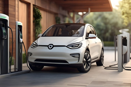 White electric car charging on the stationの素材