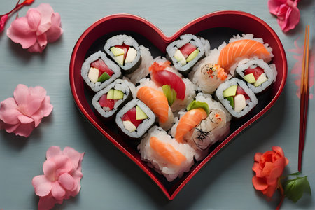 Top view of heart shaped plate with sushi on the tableの素材