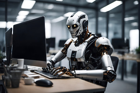 Robot humanoid sitting in modern office and using computerの素材