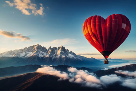 Hot air balloon in the shape of a red  heart in mountainsの素材
