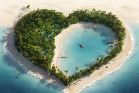 heart shaped island in ocean with palmsの素材