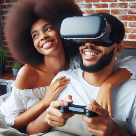 happy couple playing in video games with virtual reality glasses at homeの素材